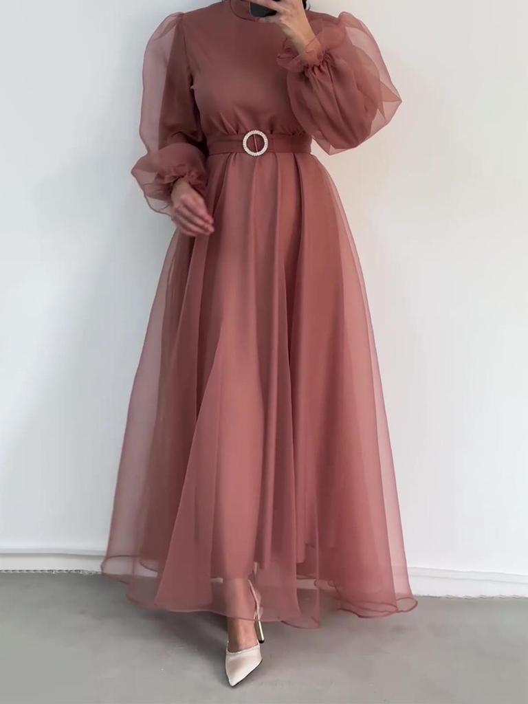 2024 Elegantes Damenkleid mit hohem Halsausschnitt, Netzstoff, schlankmachend, Laternenärmel