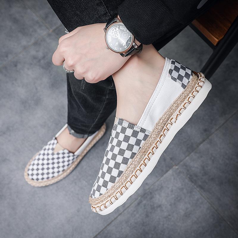 Men Canvas Casual Shoes for Man Spring Summer Fashion Checkered Flat Fisherman Shoes New Design Slip-on Loafers