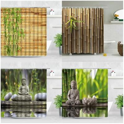 Zen Grüner Bambus Duschvorhänge Stein Buddha Lotus Kerze Asiatischer Japanischer Spa Garten Szenerie Badevorhang Stoff Badezimmer Dekor