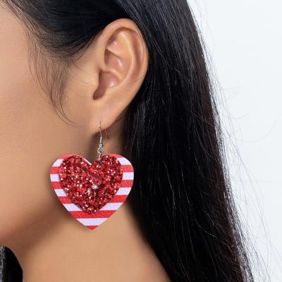 Valentinstag Rote & Weiße Gestreifte Herz Pailletten Glitzer Leder Ohrringe
