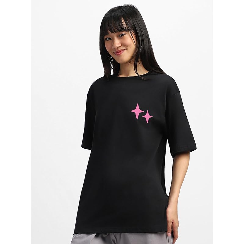 JUNEBERRY Pure Cotton Oversized Loose Baggy Fit Drop Shoulder Half Sleeve Cool Front & Back Graphic Printed Round Neck T 2XL