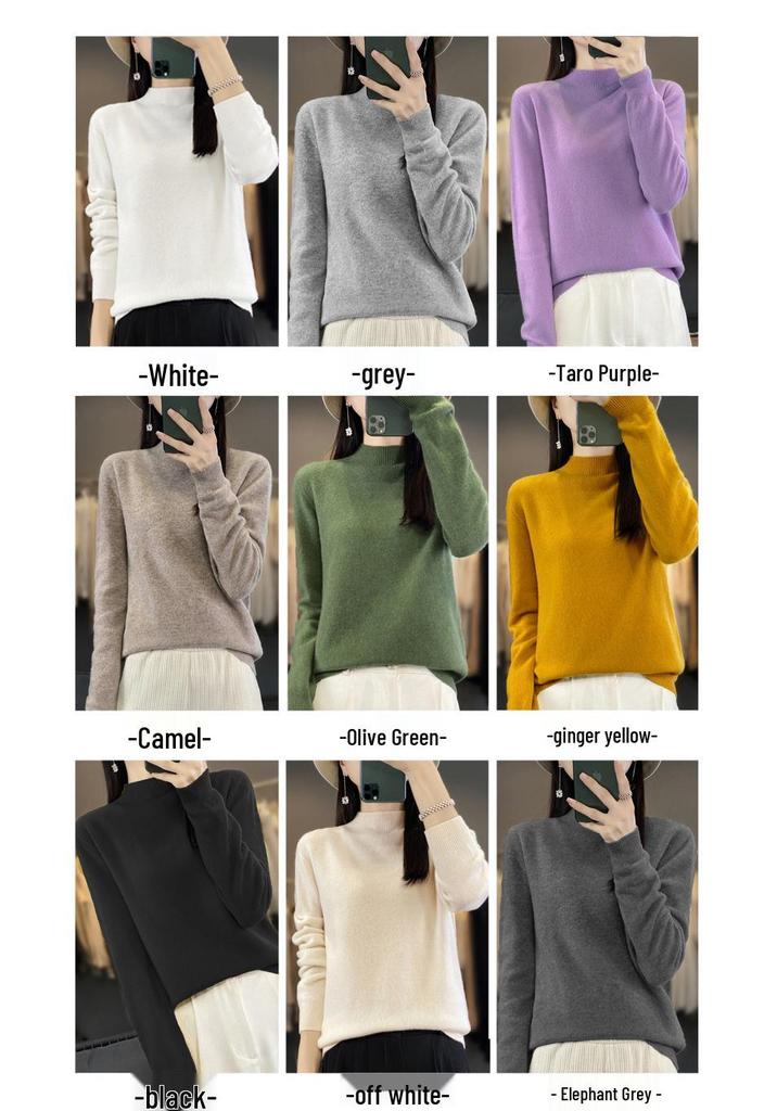 Women's Slimming Wool Sweater - Half High Neck, Long Sleeve, Loose Velvet Pullover, Versatile Knitwear for Autumn/Winter.