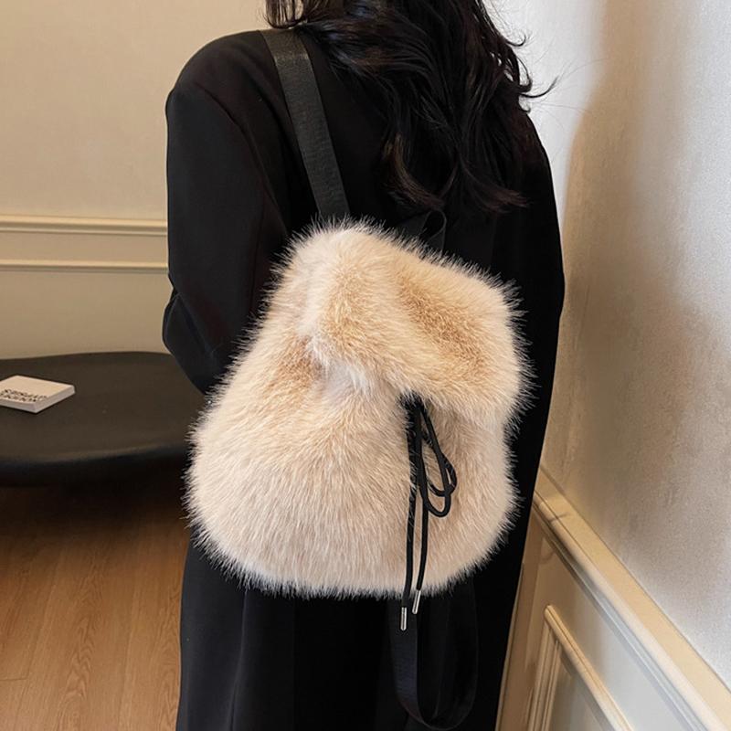 Yogodlns Plush Backpack Women Small Cute Drawstring Fluffy Bag Solid Color Soft Knapsack Winter Warm Faux Fur Shoulder Backpack