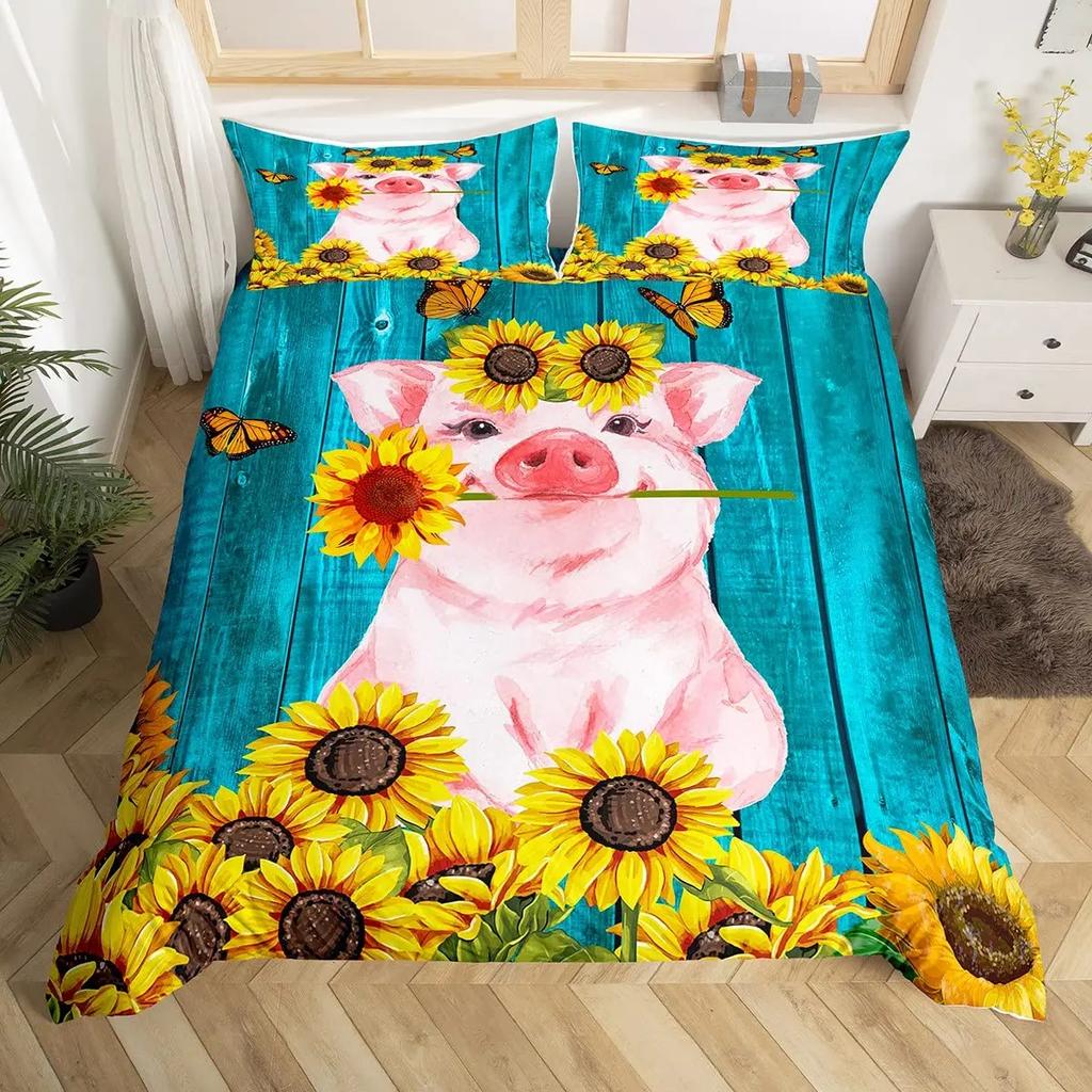 Cute Pig Duvet Cover Set For GirlsSunflowers Florals Comforter Cover Pink Grid Lattice Plaid Bedding Sets Quilt Cover Full Size