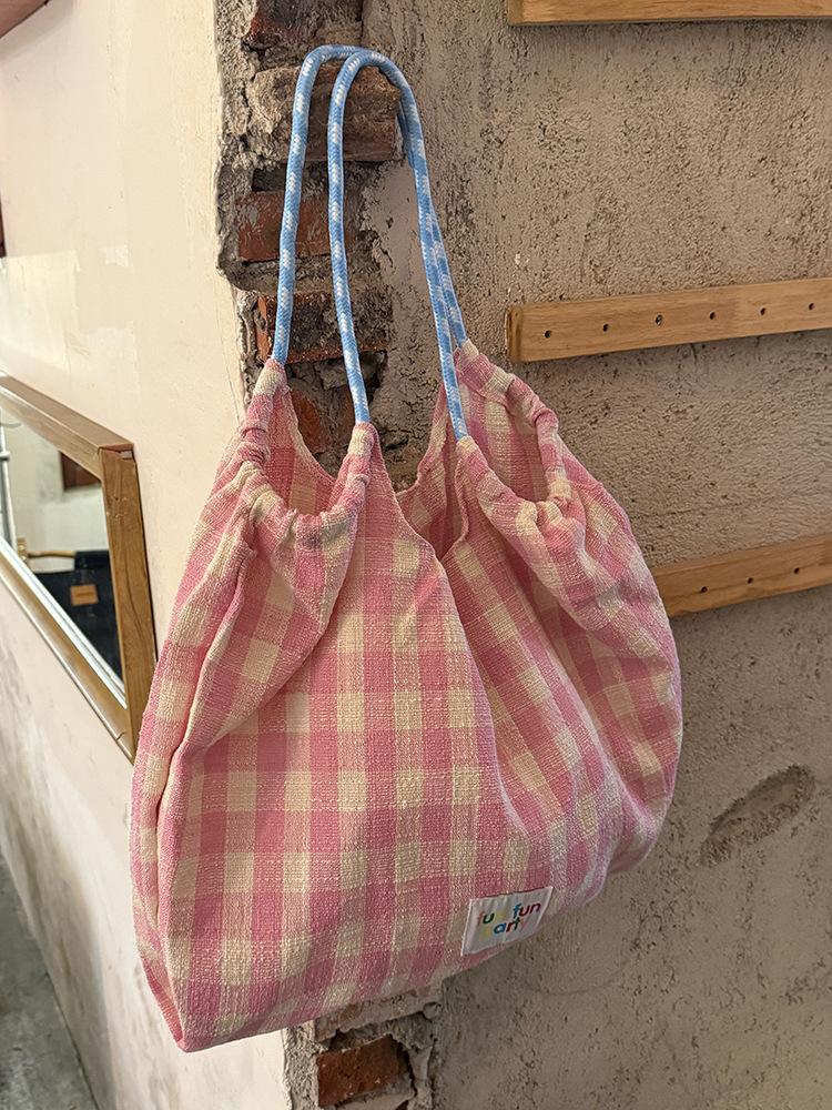 Korean Lazy Style Canvas Bag New Plaid Large-capacity Commuting Shoulder Tote Bag Niche Versatile Handbag