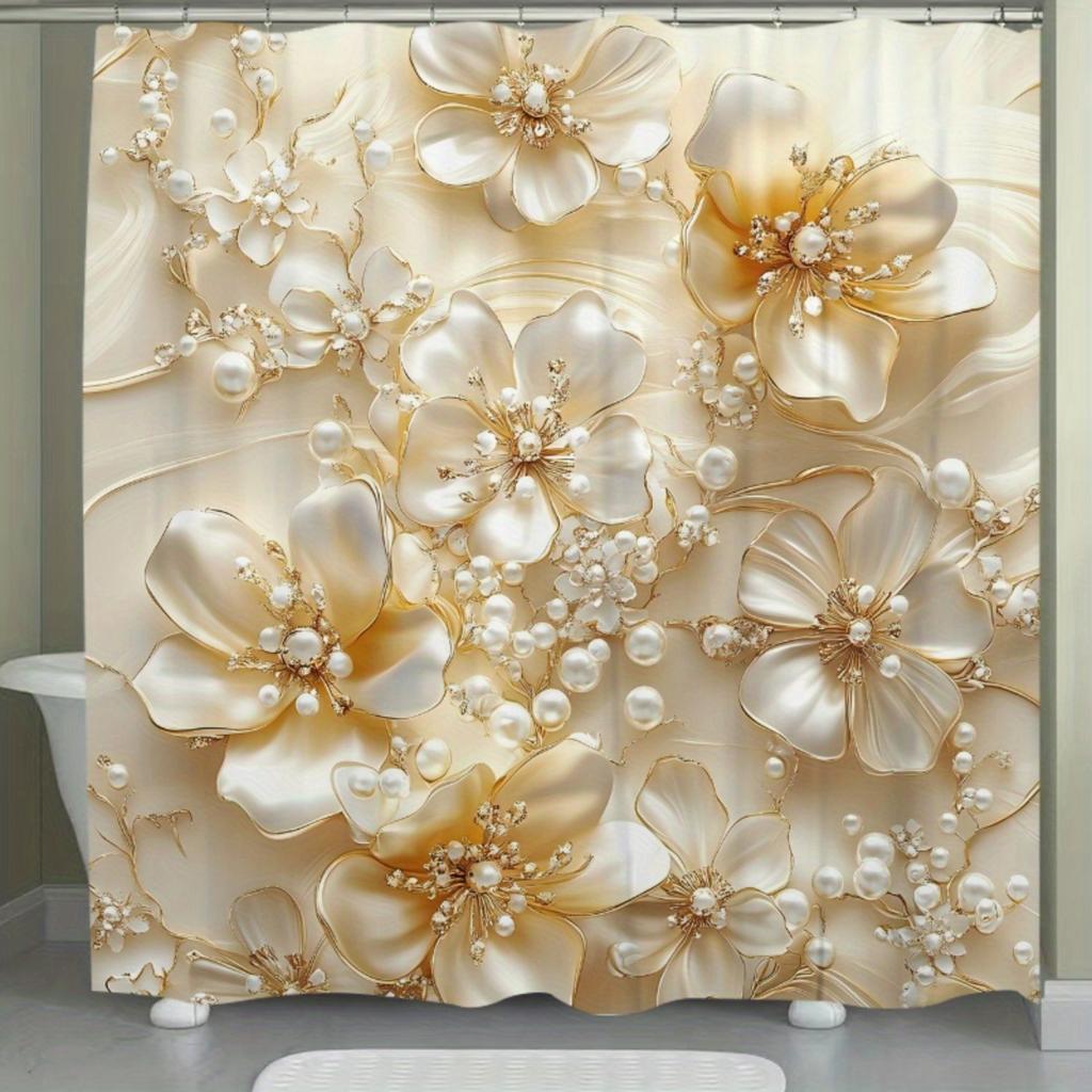 1pc Pearl Flower Hidden Danger Pattern Shower Curtain, Polyester Fabric, Machine Washable, Suitable for Bathroom Decoration