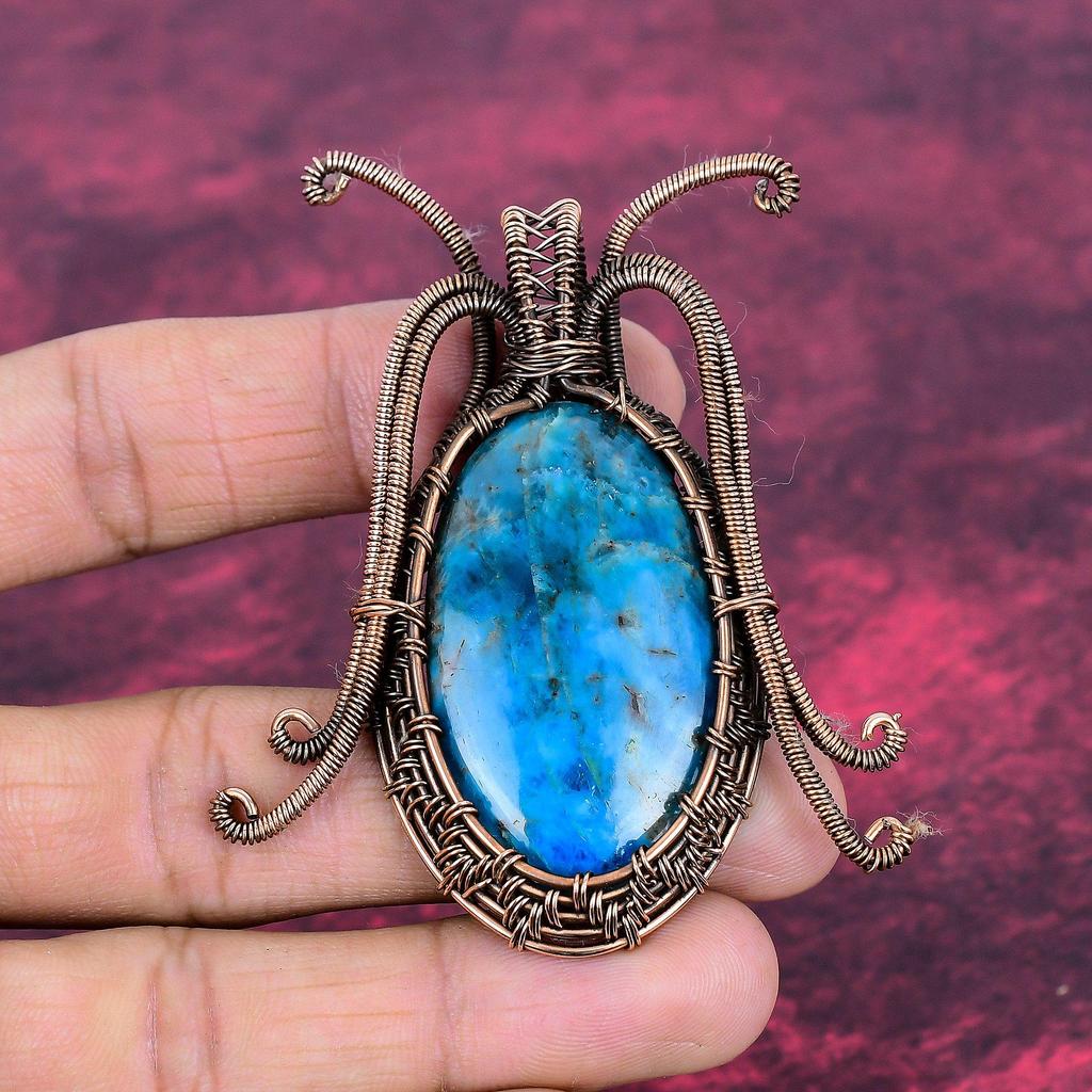 Neon Apatite Gemstone Pendant Copper Wire Wrapped Pendant Handmade Wire Jewelry
