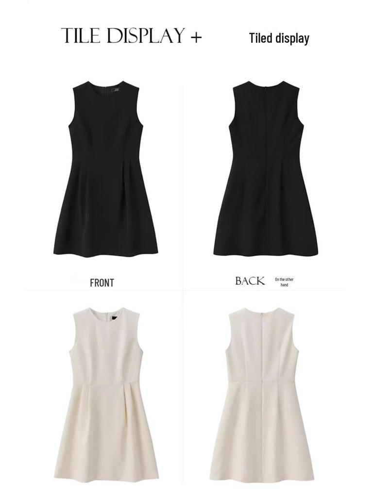 Pure Color Sleeveless A-Line Dress - High-End, Slim Waist, Round Neck Vest Style