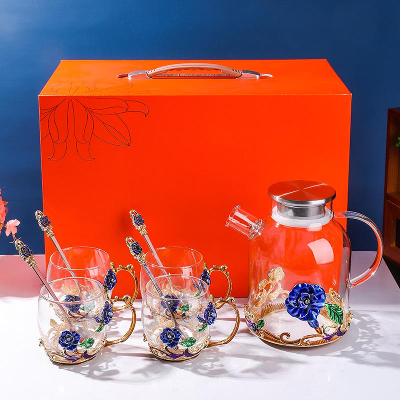 Colored Enamel Flower Glass Tea and Coffee Cup Set for Home and Office