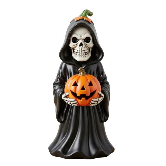 Halloween Skull Pumpkin Figurine Resin Skeleton Holding Pumpkin Statue Spooky Tabletop Ornaments for Indoor Home Decor