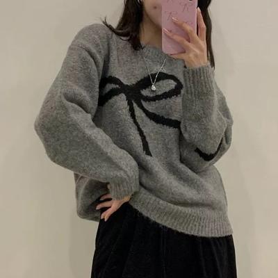 Elegant Korean O-neck Bow Tie Pattern Sweet Pullover Sweater Autumn Women Long Sleeve Casual Knitted Top Loose Fashion Winter Simple Knitwear