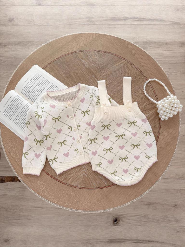 Heart & Bow Knitted Romper and Jacket Set for Baby Girls - Perfect for Spring & Autumn, Full Moon, and 100-Day Celebrations.