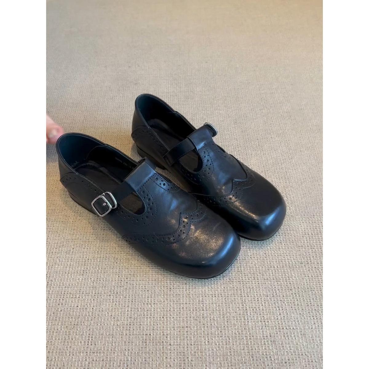 

Soft leather version~ retro literary and artistic Brock small leather shoes women s round head Mary Jane single shoes T-strap flat-soled Boken shoes 40 чёрный