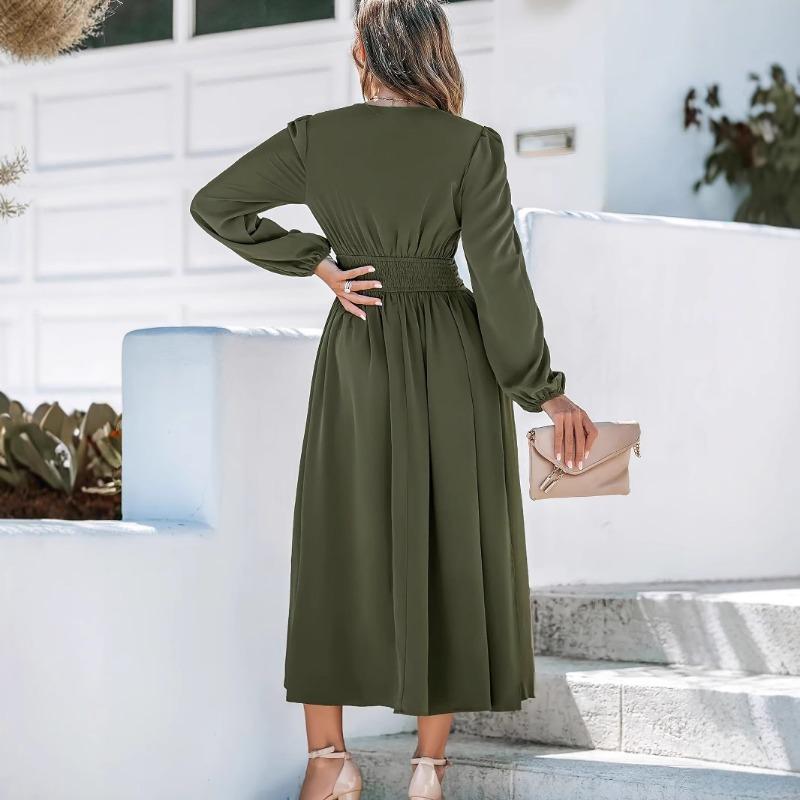 Damen Laternenärmel mit hohem Schlitz Kleid V-Ausschnitt A-Linien-Kleid
