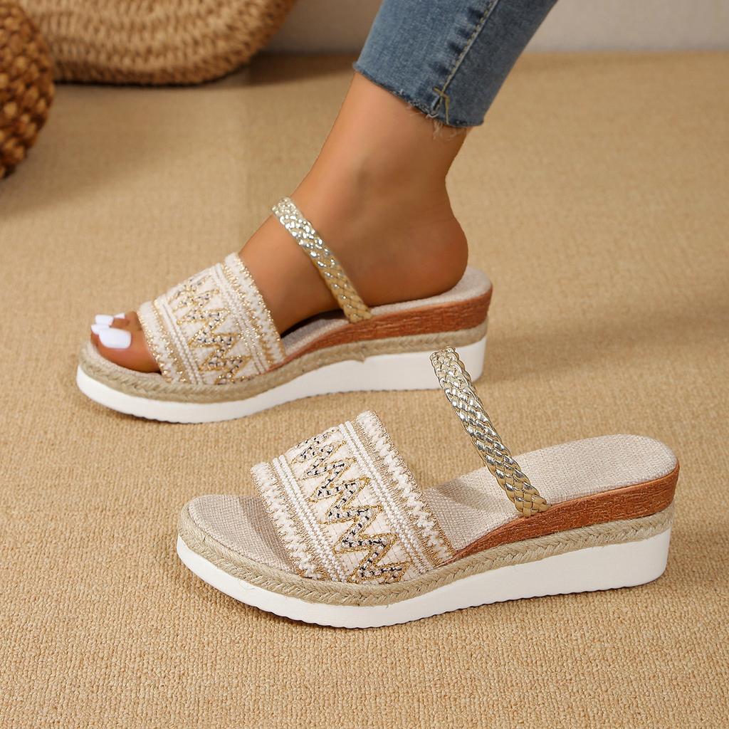 Summer new large size wedge heel thick sole wide strip slippers shoes wedge heel thick sole casual slippers