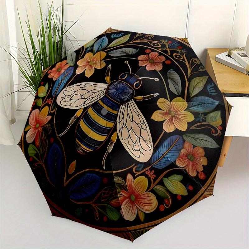 

Automatic Open/Close 3-Fold Compact Umbrella with Bee & Floral Mandala Design - 8-Rib Windproof Portable Umbrella for Men & Wo Iron&8K