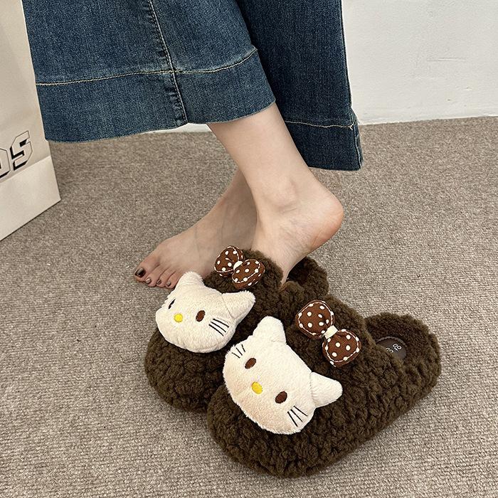 Fashion Sweet Girl Fluffy Slippers Women's Shoes 2025 Autumn and Winter New Outer Wear Casual Cotton Slippers