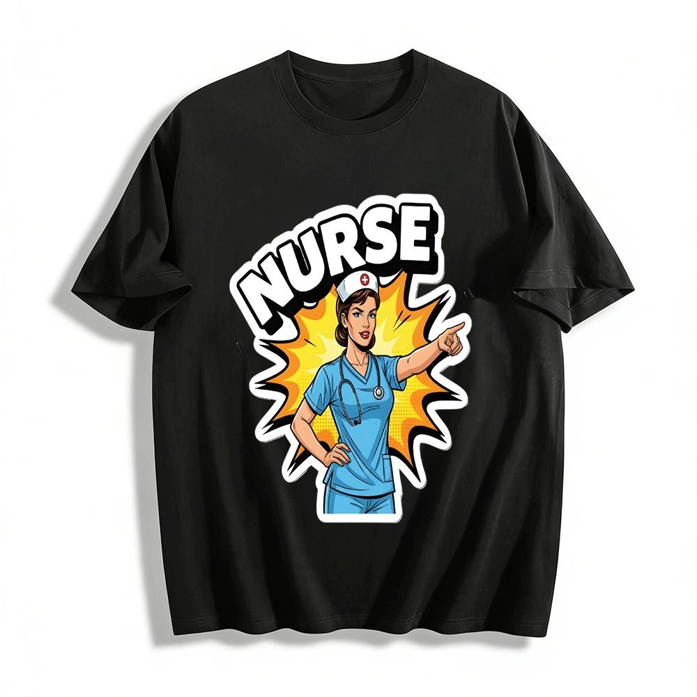 Fun Nurse Comic Style Print Casual Top Pure cotton T-shirt
