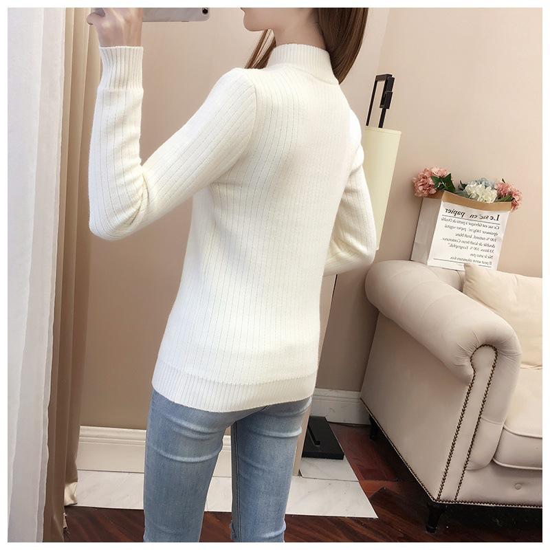 Women's Fleece-Lined Semi-High Neck Knit Sweater - Slim Fit, Solid Color, Perfect for Autumn/Winter.