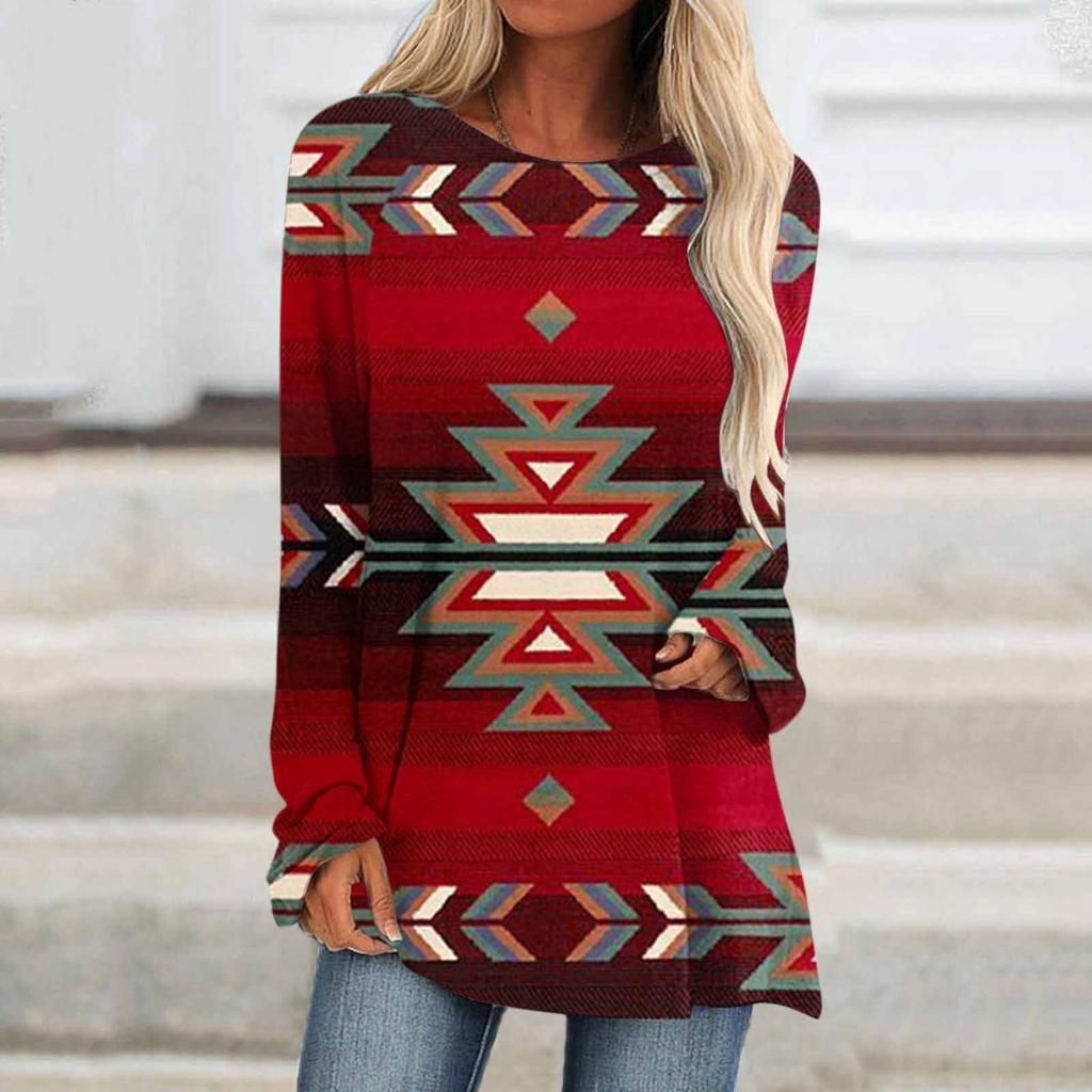 Ethnic tribe geometric print autumn casual comfortable women's long sleeve T-shirt Urban street trend fashion women long sleeve