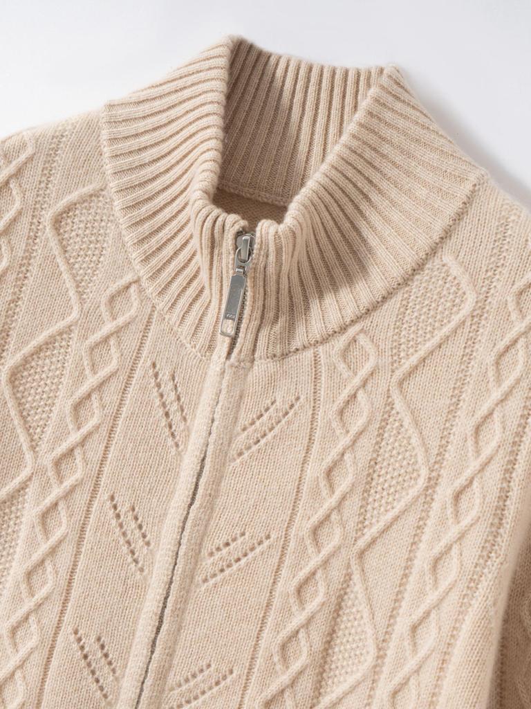 Women's 100% Cashmere Cable-Knit Cardigan Coat – Long Sleeve, Half High Neck, Zip Closure, Loose Fit