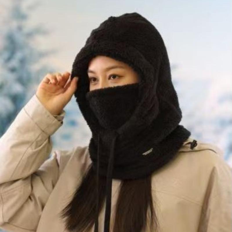 Women's Winter Thickened Plush Warm Ear Protection Hat Scarf Integrated Cap Trendy Ski Cycling Face Cover Windproof Pullover Hat