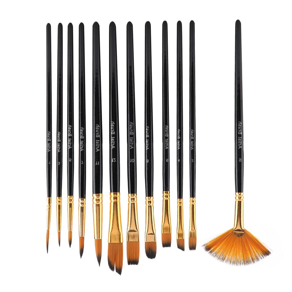 12pcs Black Wooden Pole Nylon Hair Paint Brush Set Art Craft Painting Watercolor Brush Kit