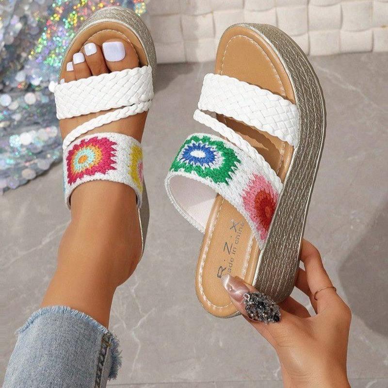 Fashion Ethnic Woven Wedge Slippers for Women Retro Embroidery Chunky Platform Slides Female Fashion 2025 Daily Non Slip Sandal Mujer
