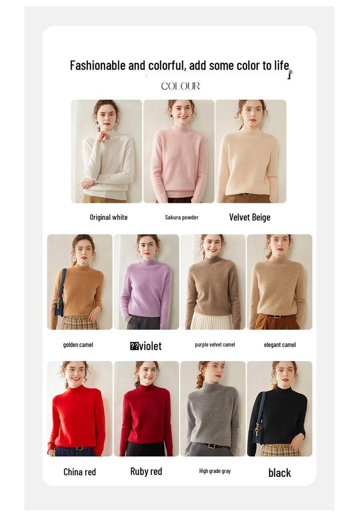Women's Cashmere Half-High Collar Sweater: Autumn/Winter, Thick, Simple, Loose, Slimming Knitwear