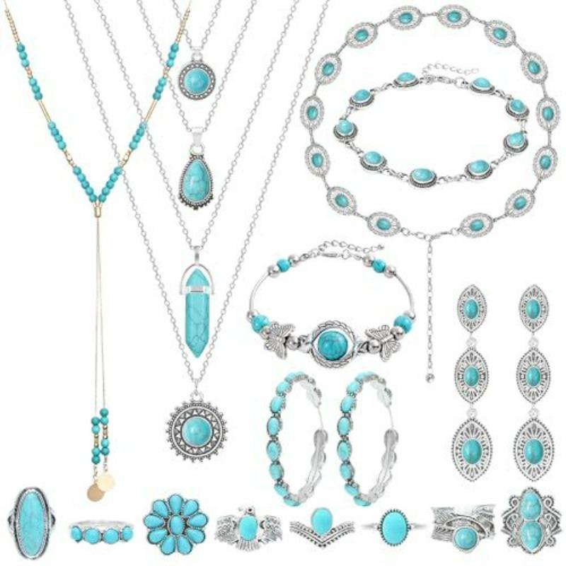 Bohemian Turquoise Multi-layer Women s Retro Versatile Alloy Pendant Necklace Stud Earring Set