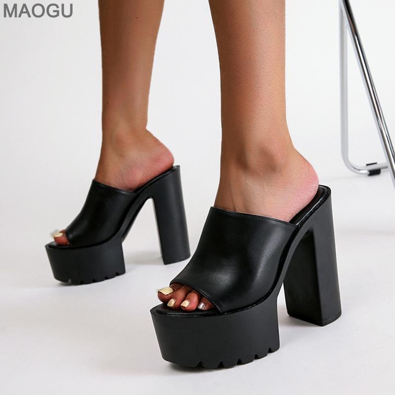 14CM Super High Heel Platform Mules Women Outdoor Slippers Peep Toe Slip On Sandals PU Black White Size 35-42 Zapatos De Mujer