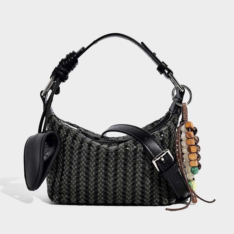 Bohemian Woven Bucket Bag for Women Luxury Designer Beaded Charms Hollow Out Underarm Shoulder Bag