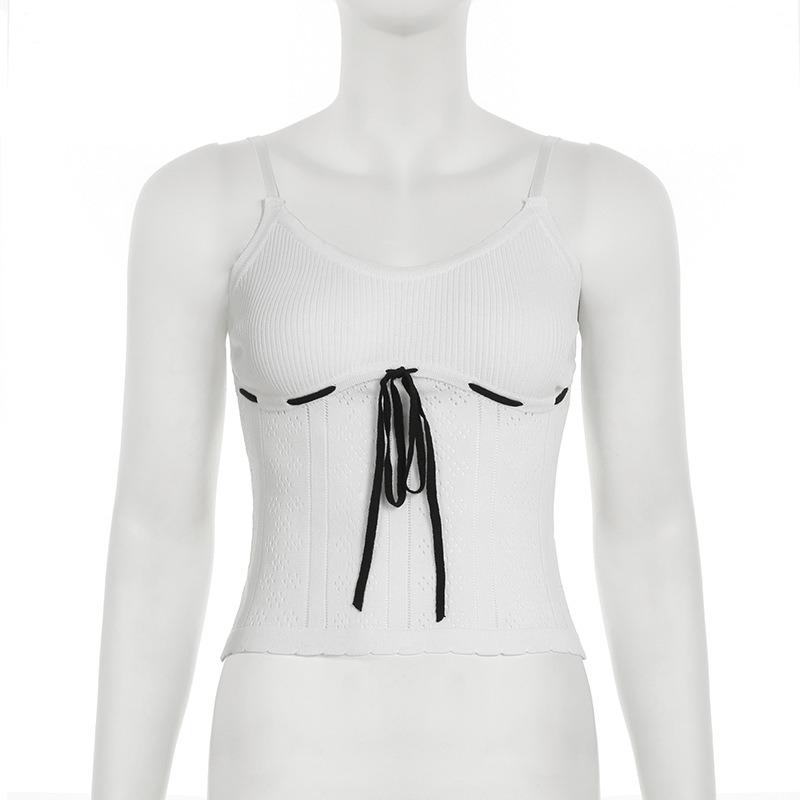 Women's Hollow Wearing Rope with Light Wool Woven Halter Spice Sexy Contrast Color Waist Vest Top