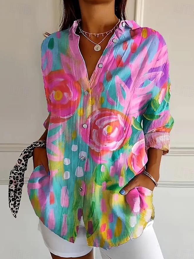 Women's Spring Summer 3D Printed Collared Shirt, Colorful Mosaic Ethnic Geometric Boho Vintage Blouse