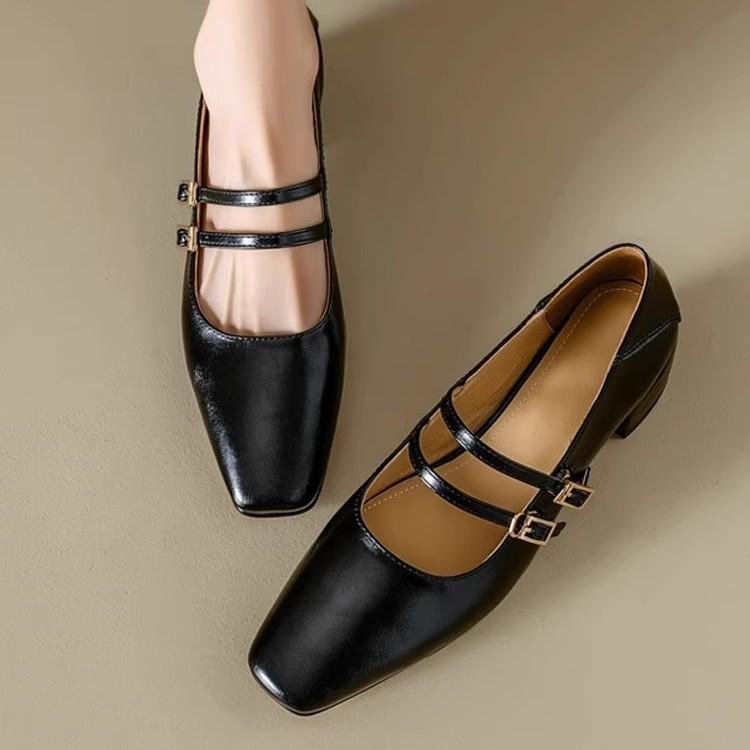 Fashion French Style Leather Mary Jane Shoes Women Sexy Low Square Heel Flats Fashion Double Buckle Strap Design Casual Shoes for Women