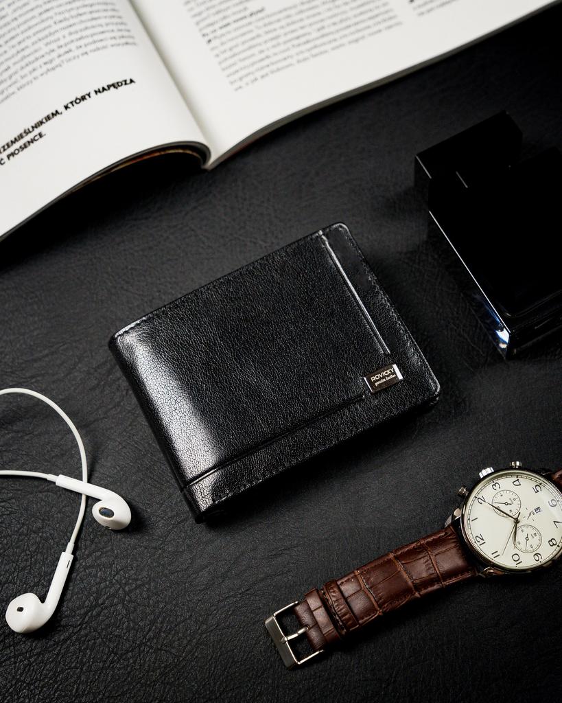 Compact black wallet made of high-quality genuine leather with RFID protection - Rovicky