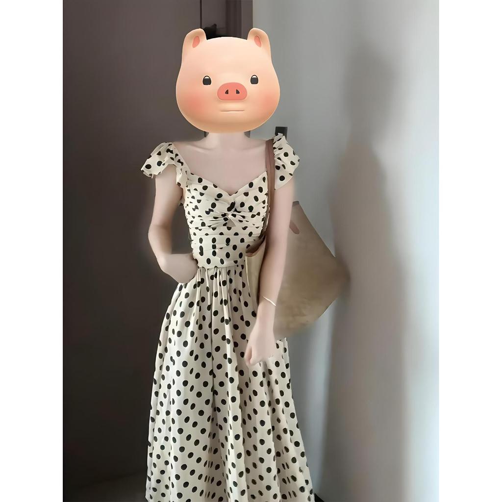 Retro black and white polka dot hollow small flying sleeve dress gentle temperament beautiful unique waist a word long dress
