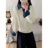 Womens Relaxed Fit Knit Sweater With Denim Sleeve Panel Polo Collar Fake Two-Piece Design Soft Cashmere Blend Fall Winter 2026