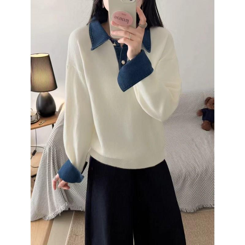Womens Relaxed Fit Knit Sweater With Denim Sleeve Panel Polo Collar Fake Two-Piece Design Soft Cashmere Blend Fall Winter 2026