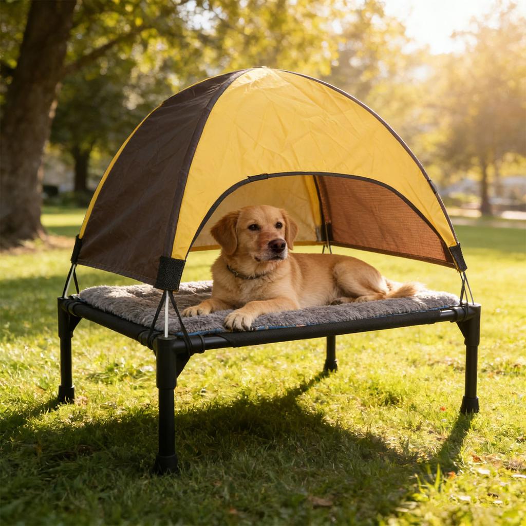 Lit de chien surélevé d'extérieur avec auvent Tente de camping rafraîchissante Lit de camp pour chien hors sol pour activités de plein air