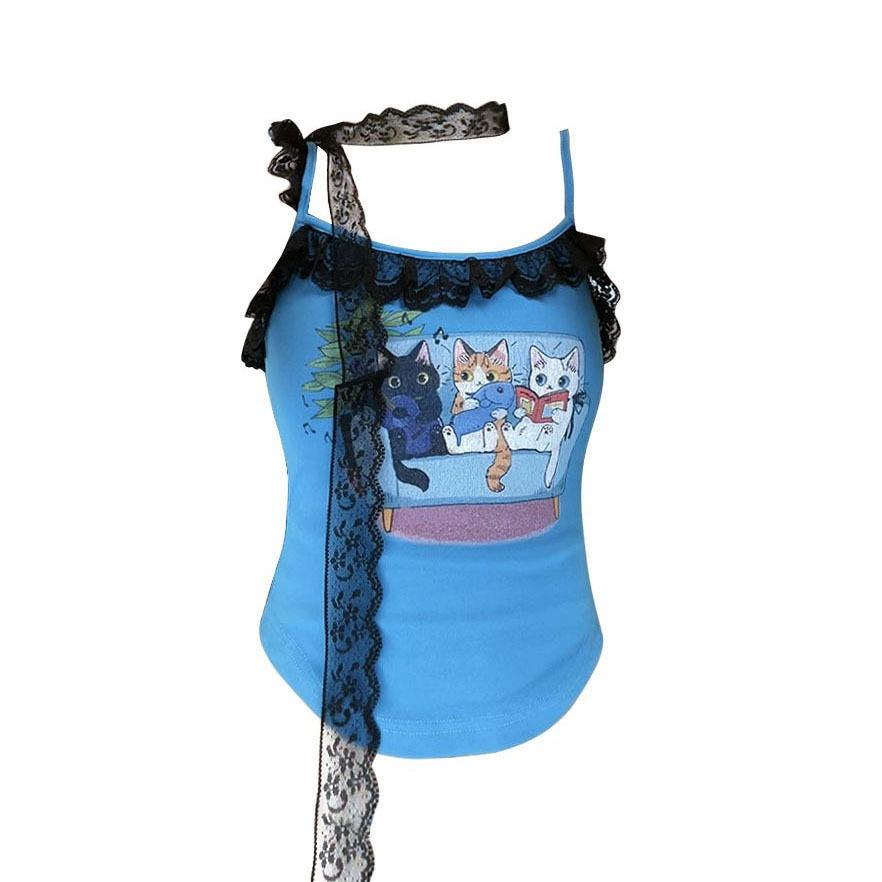 

Cat print blue royal sister spice girl suspender small vest women s T-shirt slim fit inside with lace short top outside S