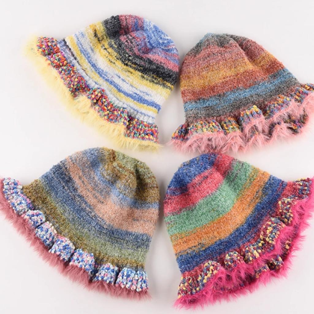 New Style Fashion Retro Colorful Striped Oil Painting Style Ruffled Fisherman Hat for Women In Autumn and Winter Warm Knitted Pot Hat Trend