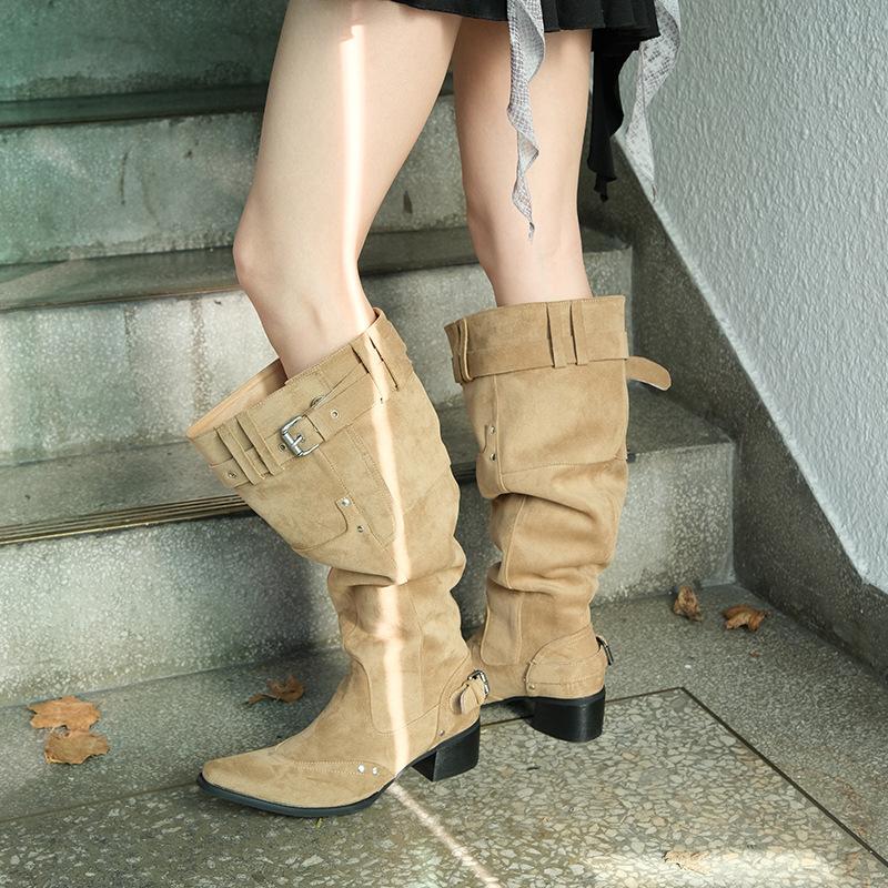 But Knee Boots Women's 2025 Autumn and Winter Khaki Suede Pointed Boots Children Thick Heel Thin Pleated Piled Boots