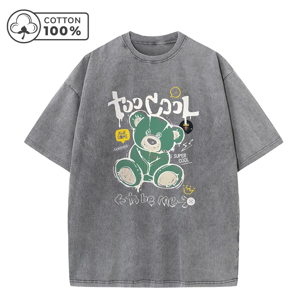 

Mens Fun Bear Print Distressed Washed TShirt Trendy Casual Loose Fit Pure Cotton Crew Neck Short Sleeve Summer Commuter Top S