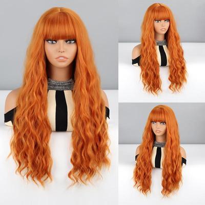 Orange Farbe Damen Mode lange gewellte Perücke mit Pony Kunstfaser Damen Alltagskleidung Cosplay gewellte Perücke