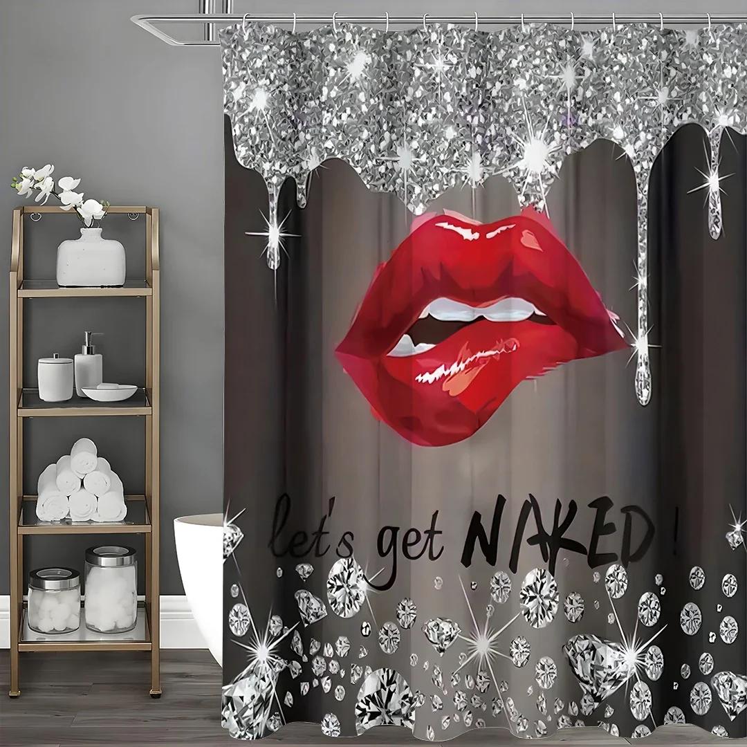 

Diamond Glitter Black And Red Lip Shower Curtain, Bathroom Decorative Shower Curtain, Waterproof Shower Curtain With Hooks W60H190(CM)-1 Pcs