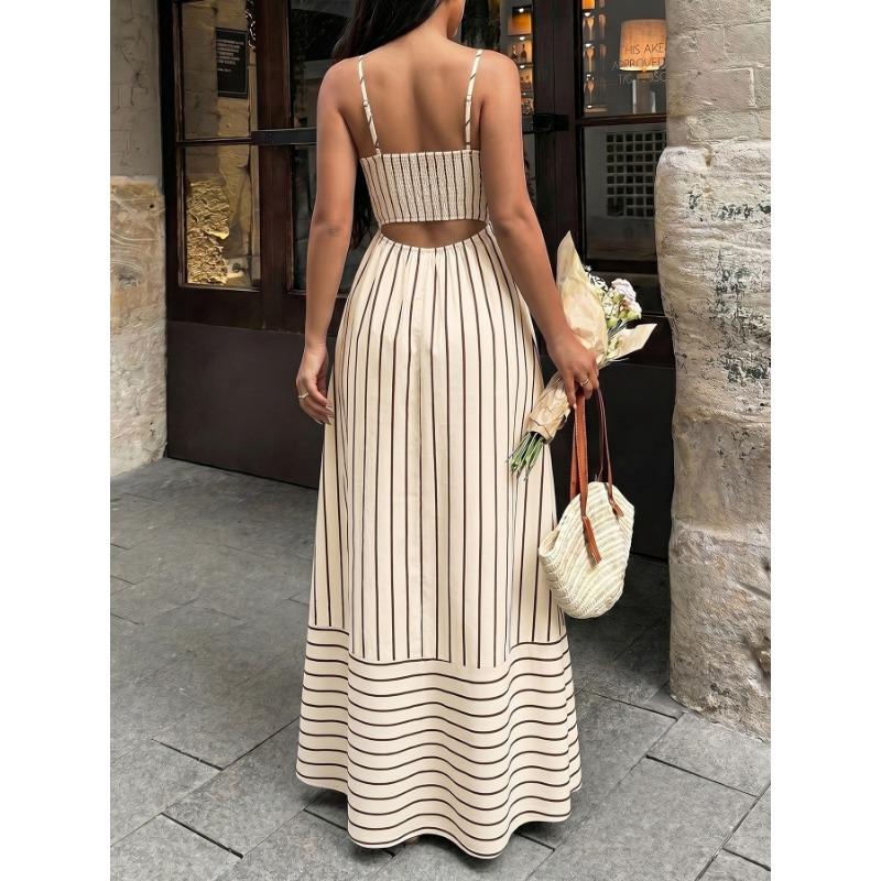 Women Striped Backless High Waist Suspender Maxi Casual Vacation Dress