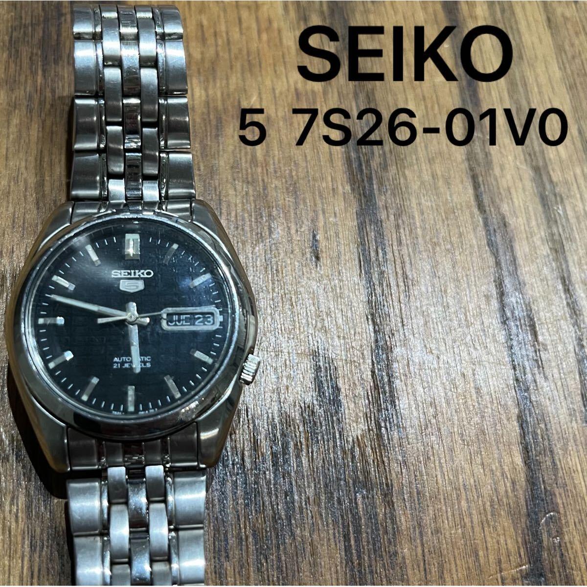 SEIKO 5 7S26-01V0 Automatic watch 21JEWELS Seiko 5 Day Date Working item Overhauled Back skeleton Black dial Tamaya1511