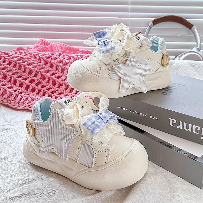 2025 New Little Girls' White Skate Shoes - Thick Soled Casual Sports Sneakers for Middle and Big Kids