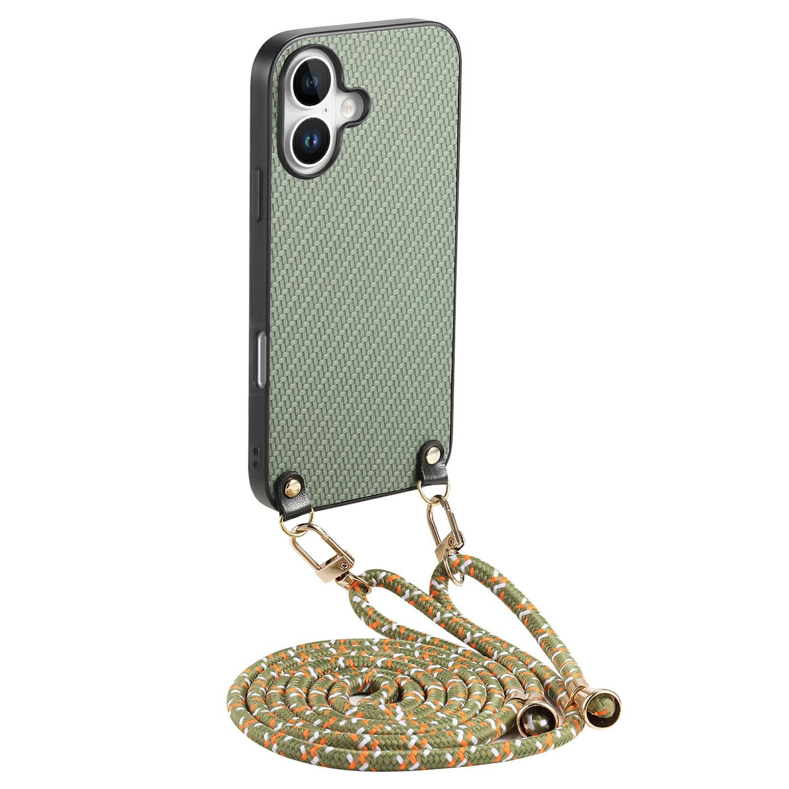 For iPhone 16 Case Carbon Fiber Texture Hybrid Phone Back Cover with Adjustable Strap A
